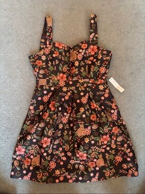 ModCloth Black Floral Fit-and-Flare Dress with Pink and Green Accents